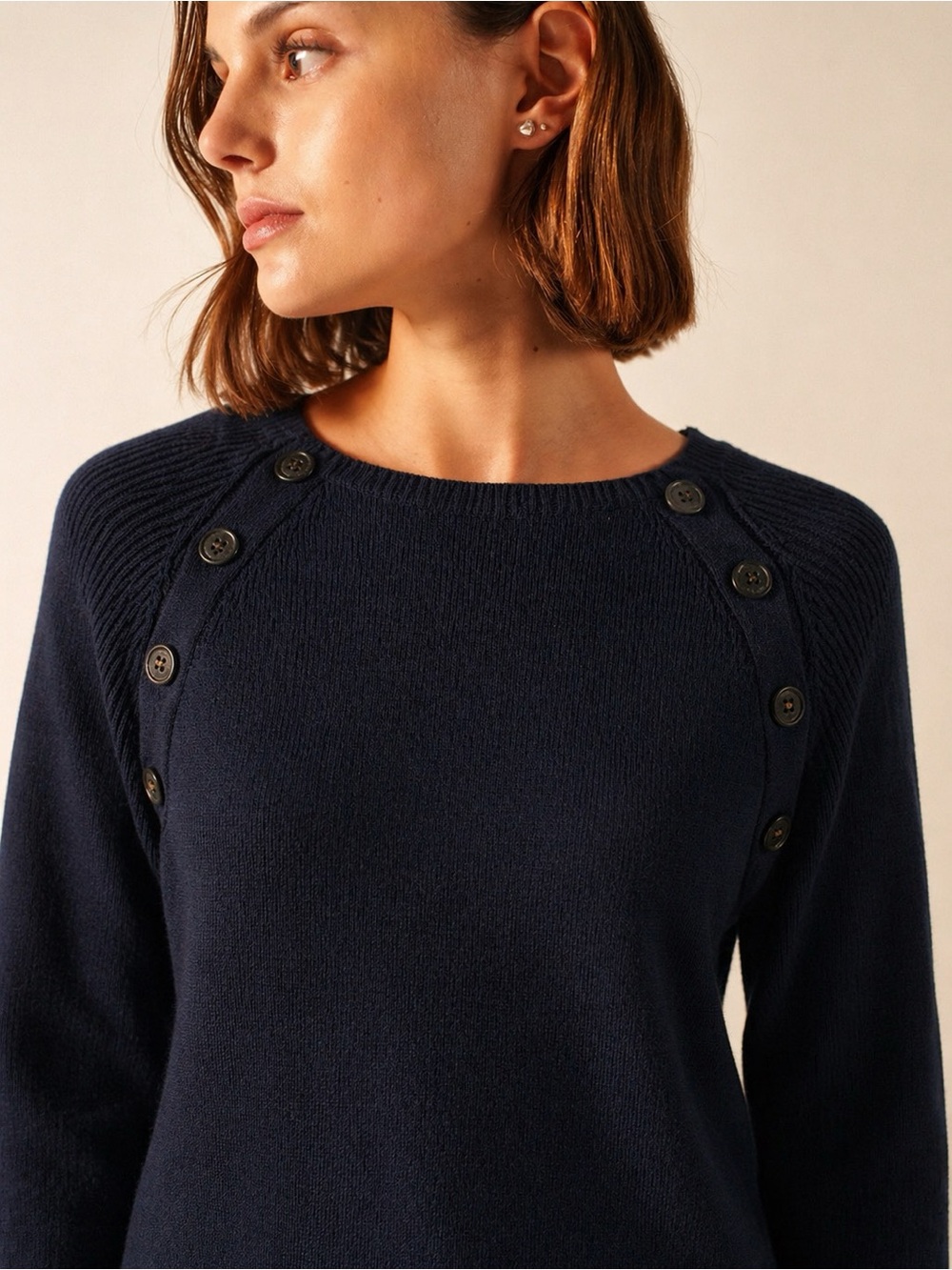 Lauren Ralph Lauren Navy Knit Sweater Button Shoulder Crewneck Women Size XL